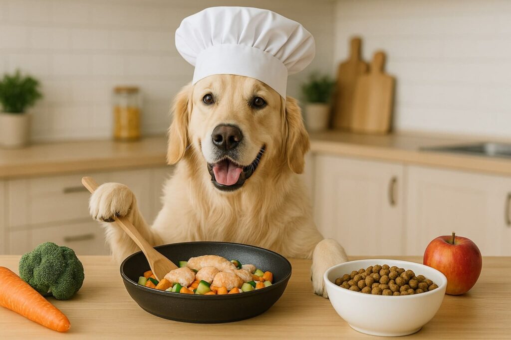 Image illustrant l'alimentation du Golden Retriever avec un golden portant une toque de chef et préparant un repas sain avec légumes, poulet, croquettes et fruit