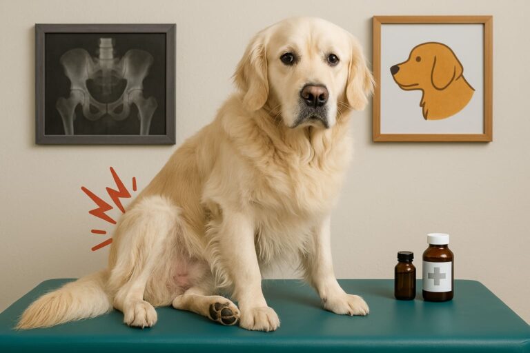 Golden retriever faisant la tête sur table d’examen, éclairs indiquant douleur à la hanche