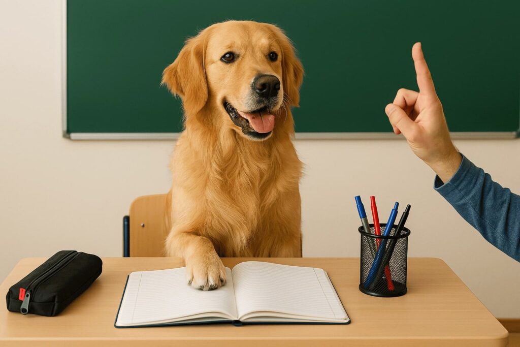 Golden retriever attentif assis à un bureau avec cahier, trousse, stylos, tableau vert en arrière-plan