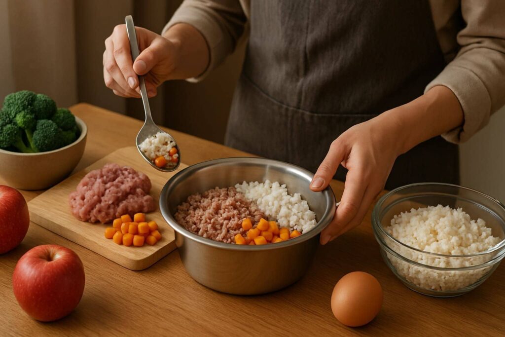 Préparation repas maison avec viande hachée, œuf, riz et légumes sur table en bois