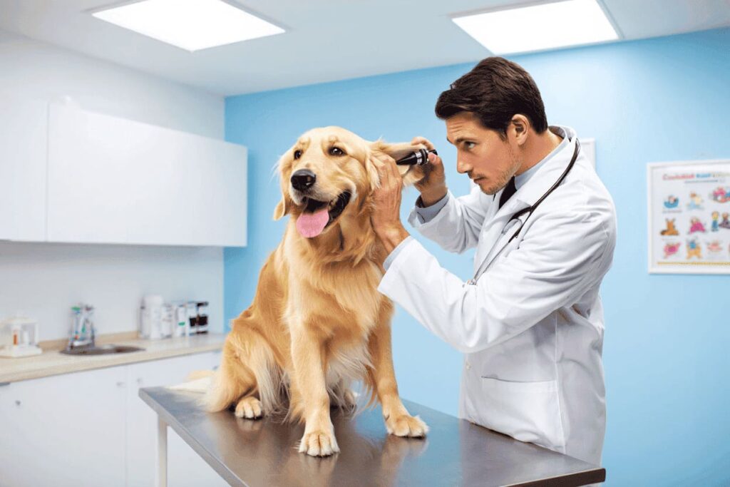 Golden retriever tirant la langue, ausculté par un vétérinaire à l’oreille, sur une table d’examen